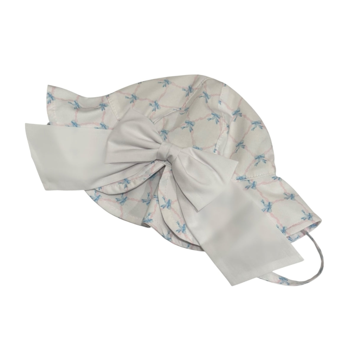Helena Bows Cotton Girl Sunny Hat in white with light blue bow print and ruffled brim