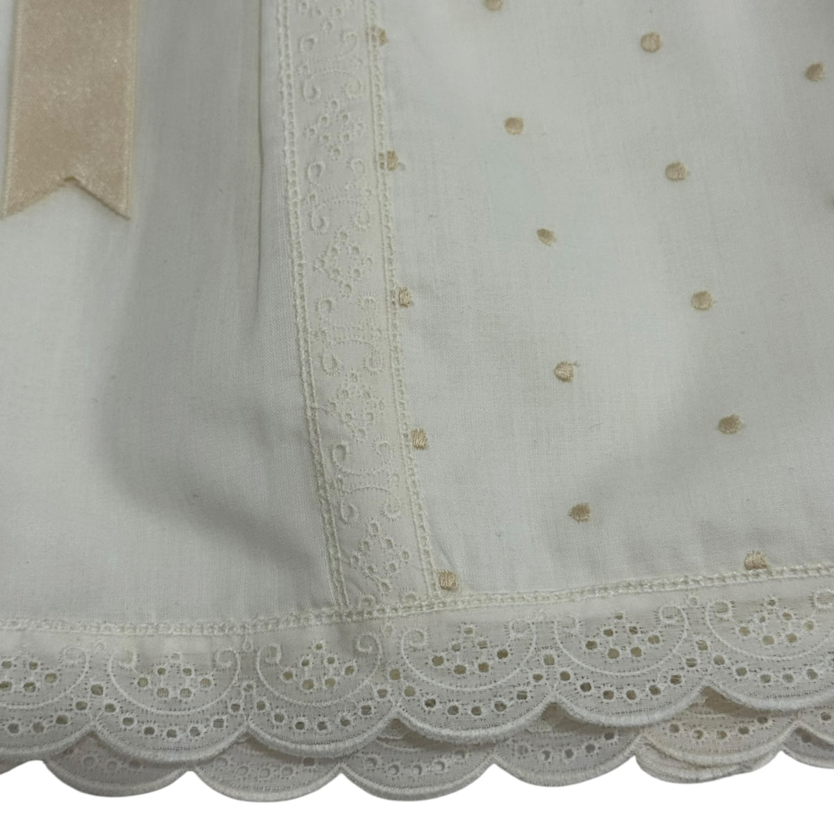 Close-up of ivory lace hem and embroidered details on Gabriel Faldon Skirt