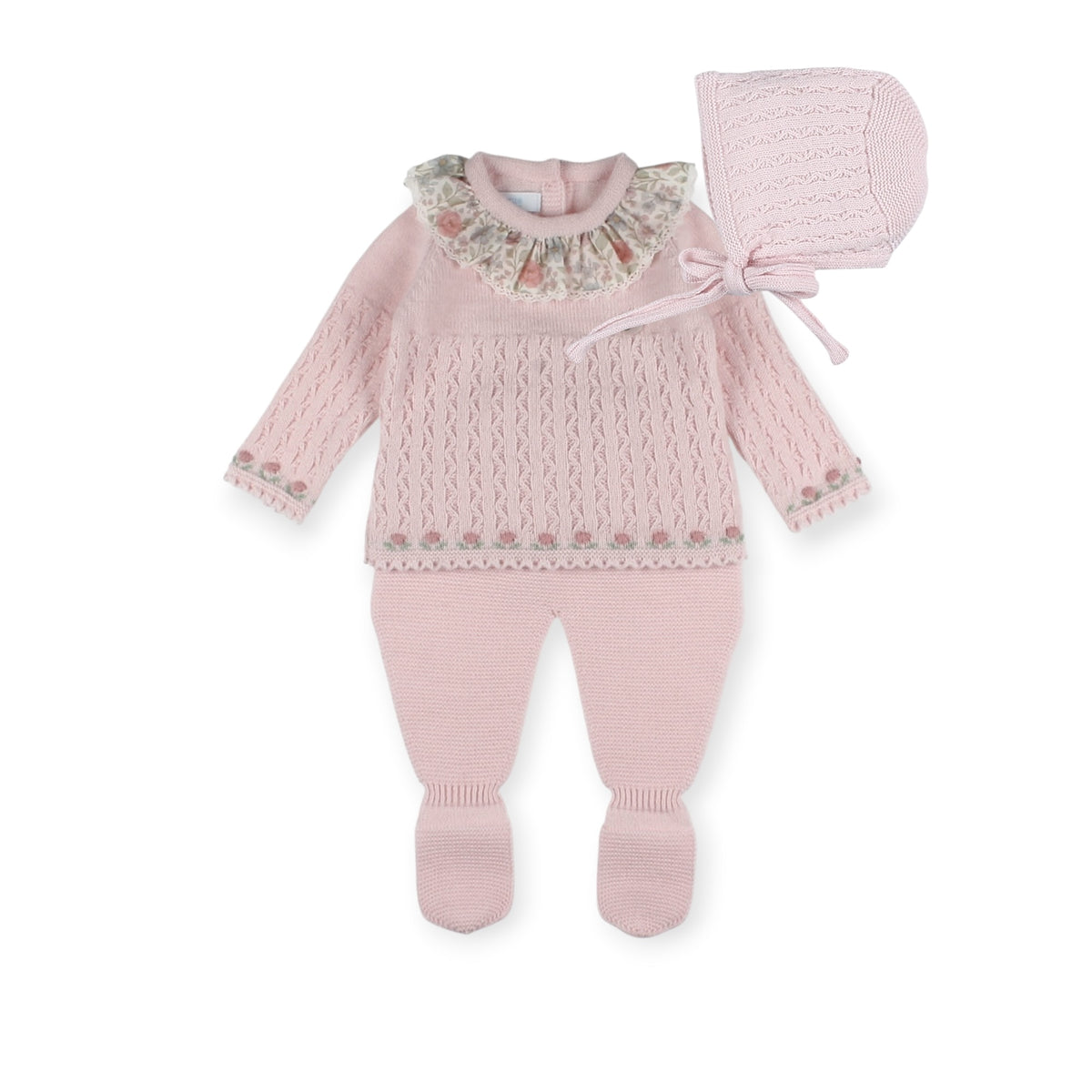 Ditsy Flower Pink 3-Piece Knitted Set with top, pants and matching bonnet