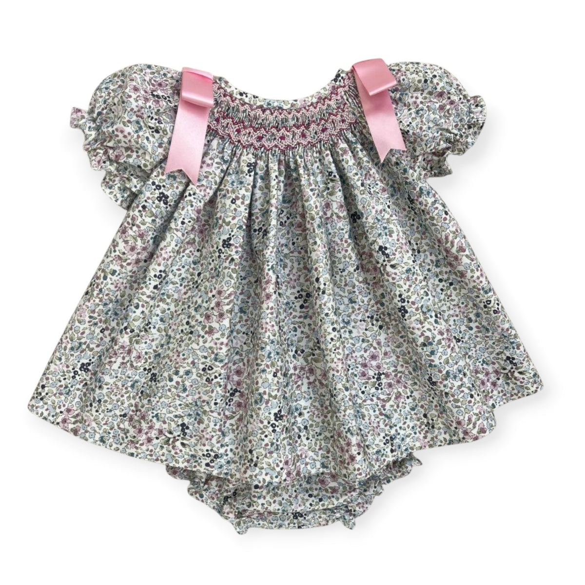 Ditsy Florals Handsmocked Girl 2-Piece Set with pink shoulder bows and coordinating bloomers