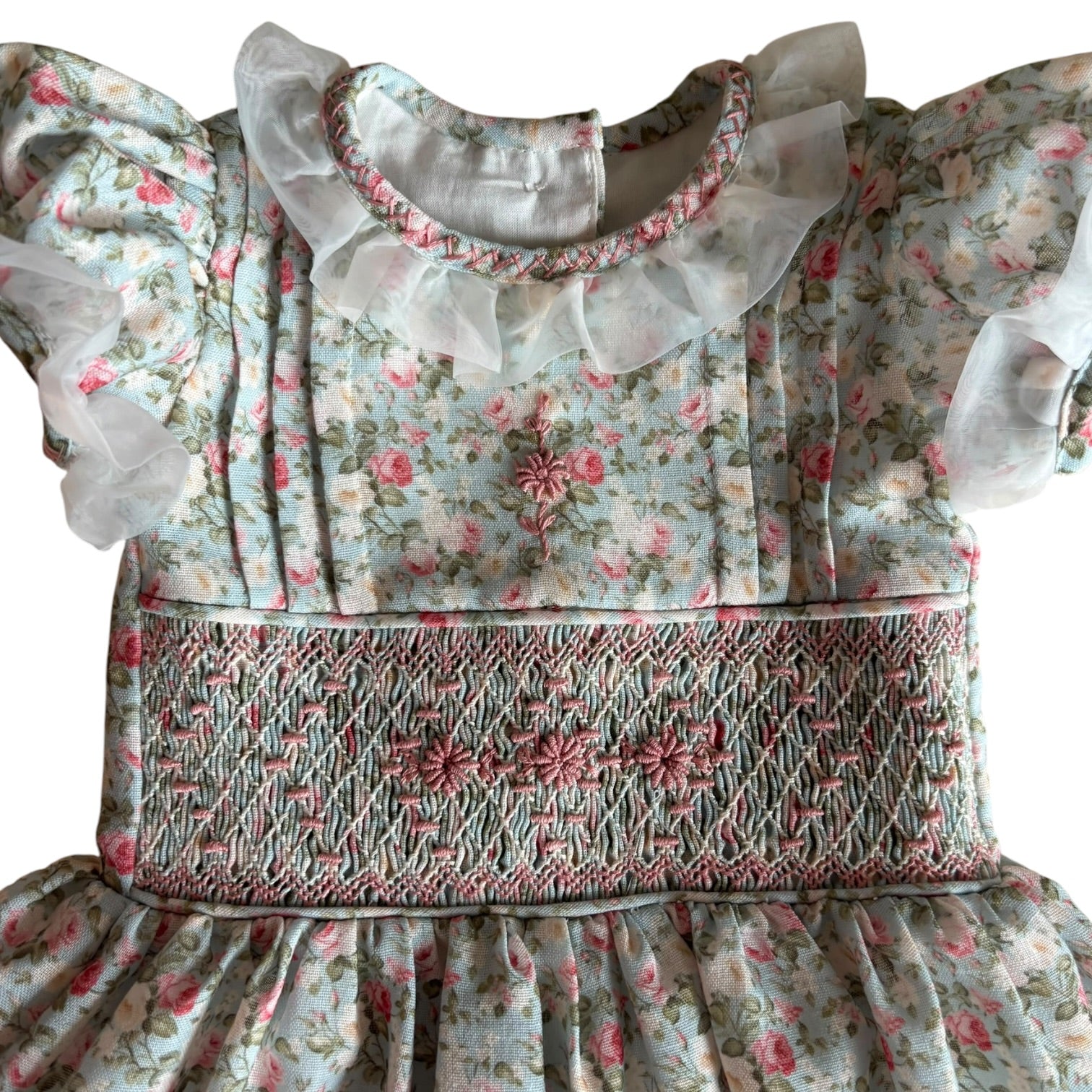 Close-up of ruffled sleeves and smocking on Nancy Vintage Shabby Chic Roses Dress