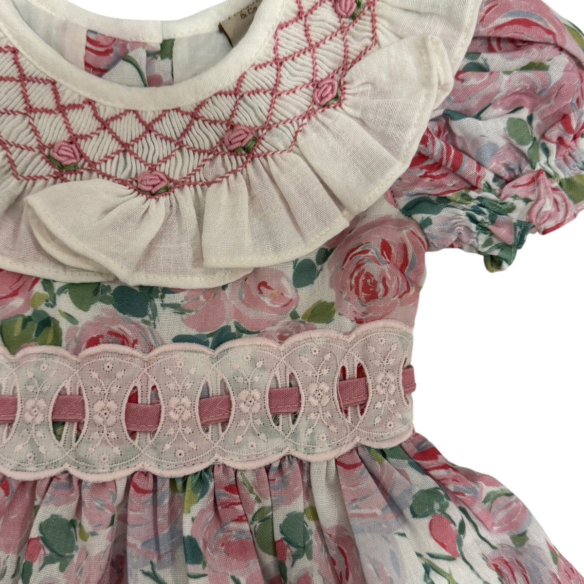 Detail view of handsmocking on Belen Roses Floral Dress