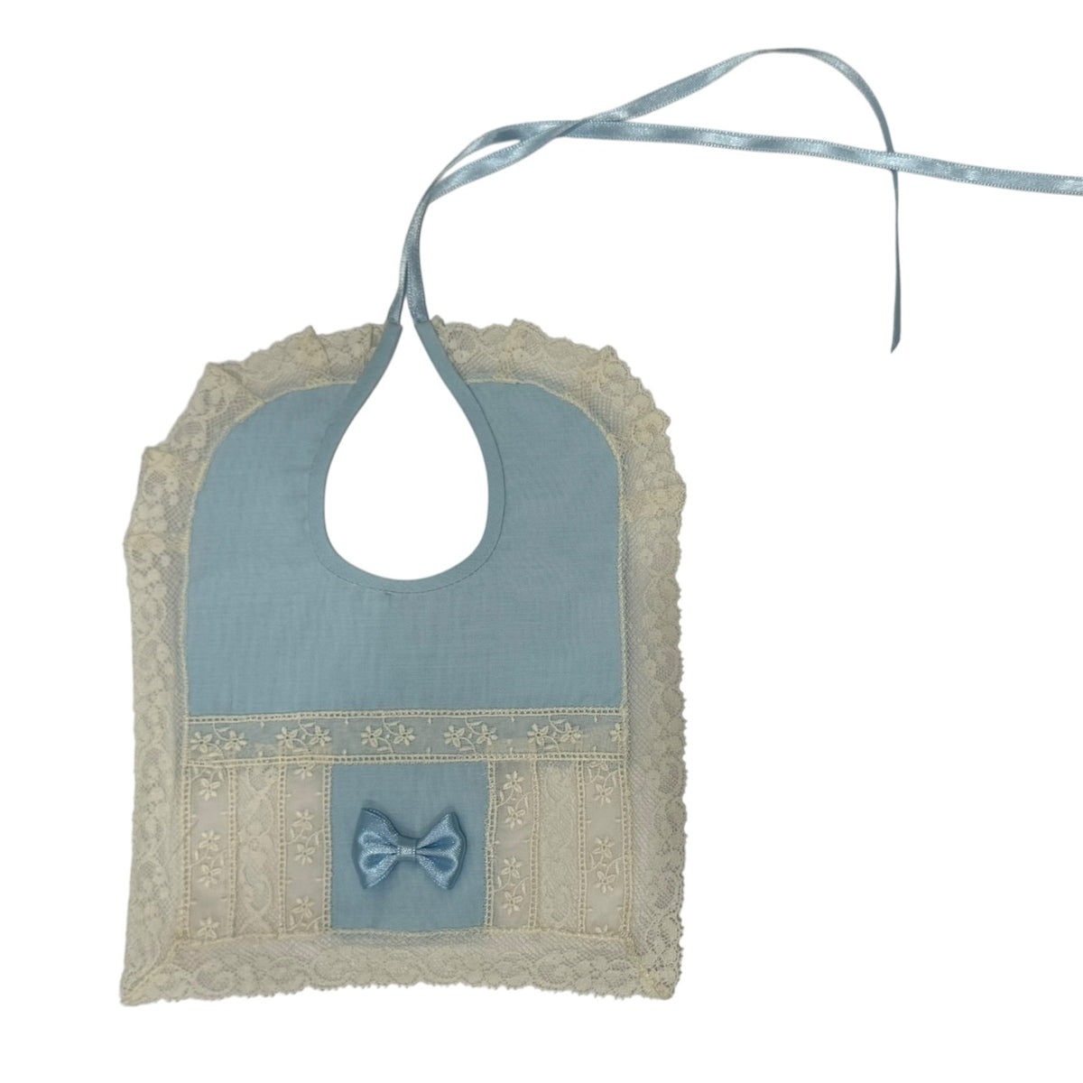 Marilyn Light Blue Lace Luxe Bib with ivory lace trim and coordinating blue bow