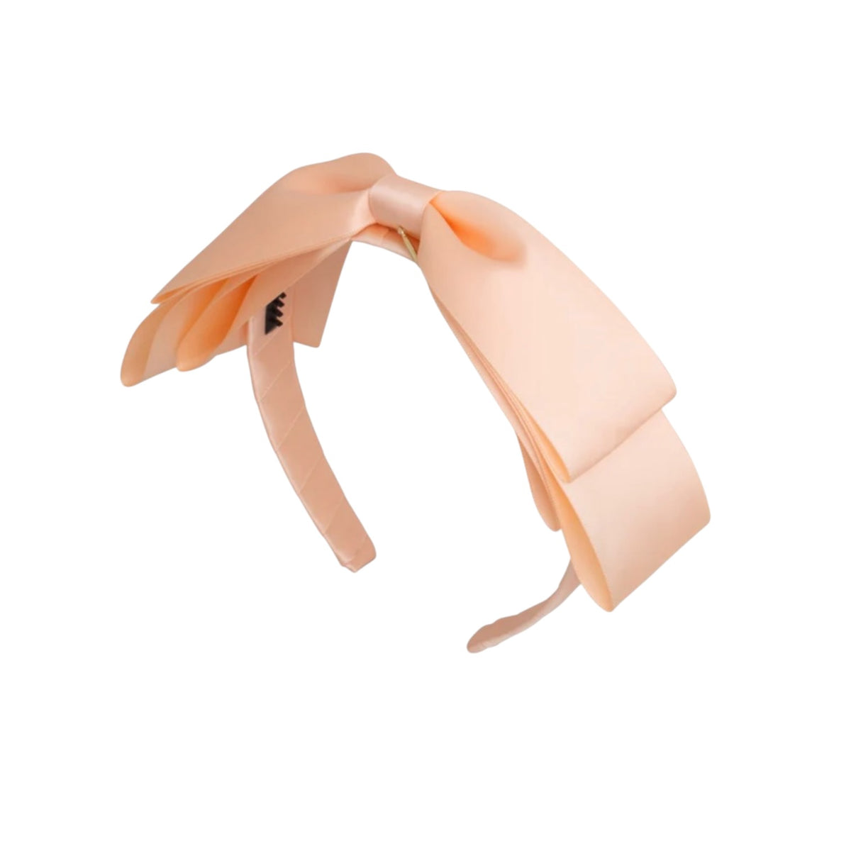 Blair Bow Peach Satin Headband with structured peach bow and ribbon tails