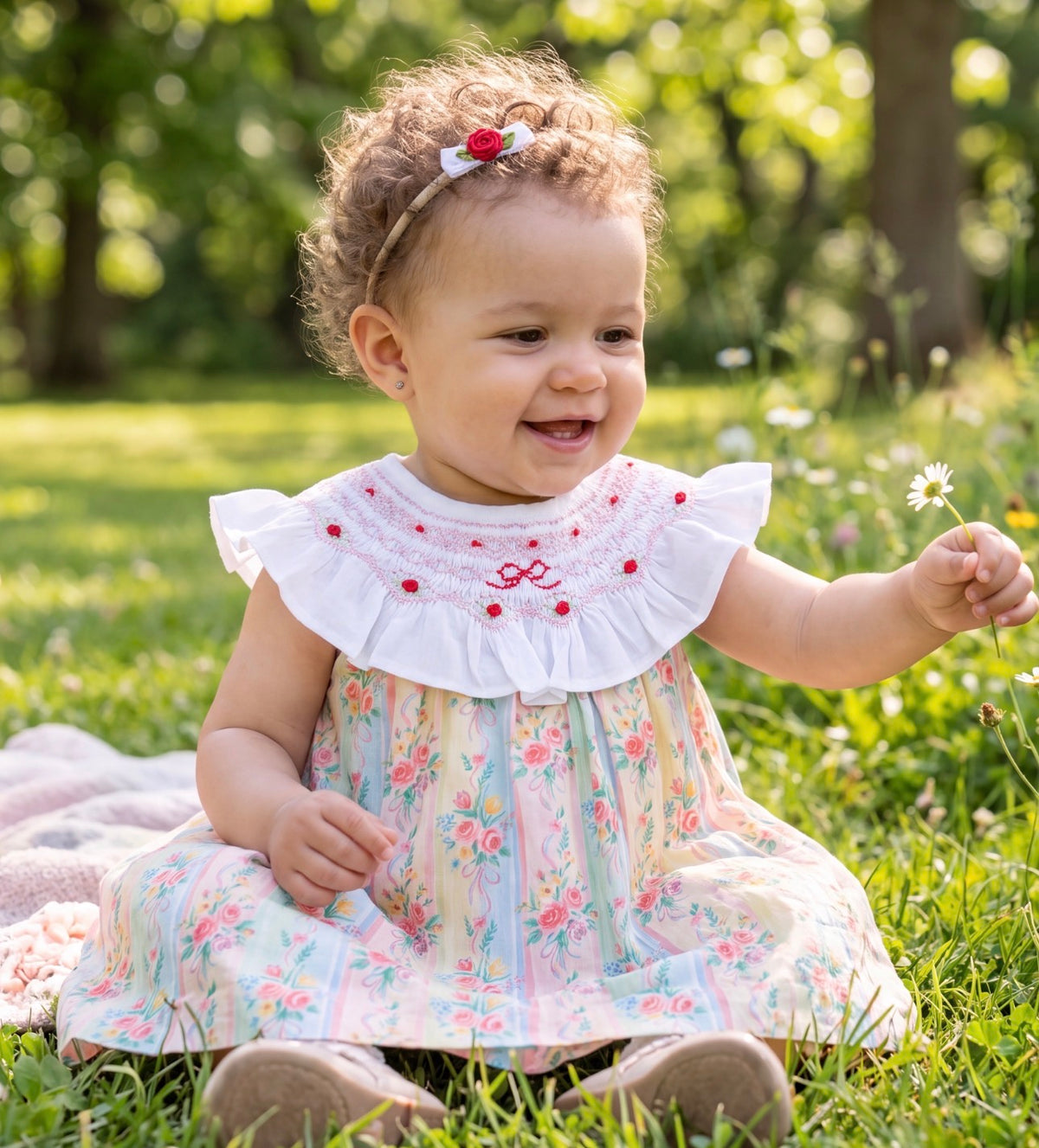 Girl wearing Eloisa Bow Handsmocked Dress in colorful floral print