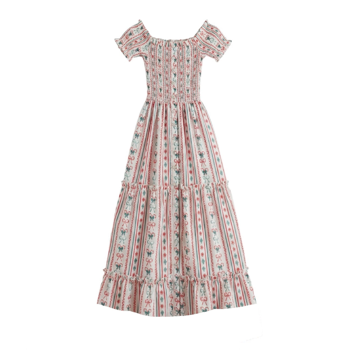 Piccoli & Co Christmas girl nap dress in red, blue and ivory holiday print (made to order)