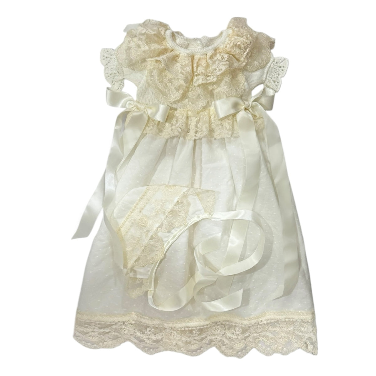 Andrea Short-Sleeves Ivory Half-Knitted Gown with matching bonnet and bloomers