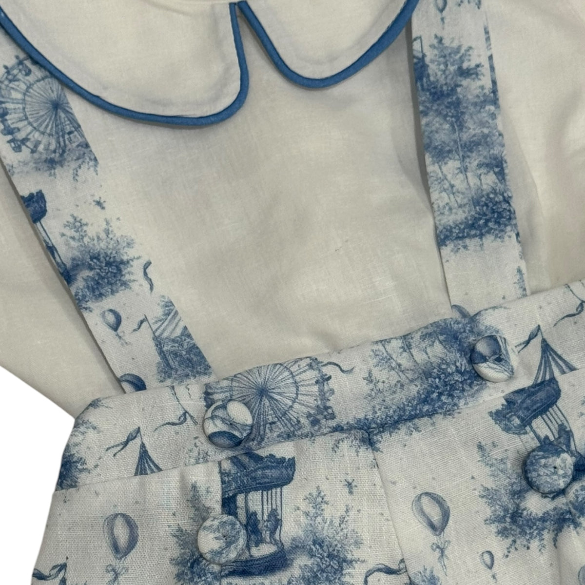 Close-up of removable straps, blue piping and circus toile detailing on Ollie Blue Circus Set