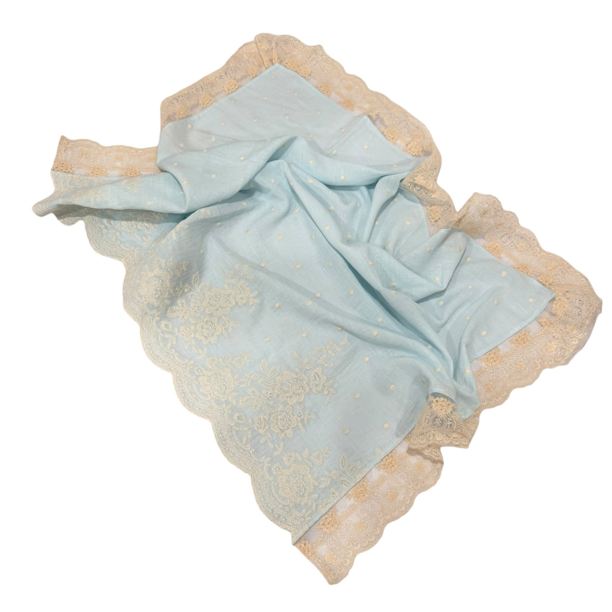 Dominique Linen Blanket in light blue with ivory lace trim
