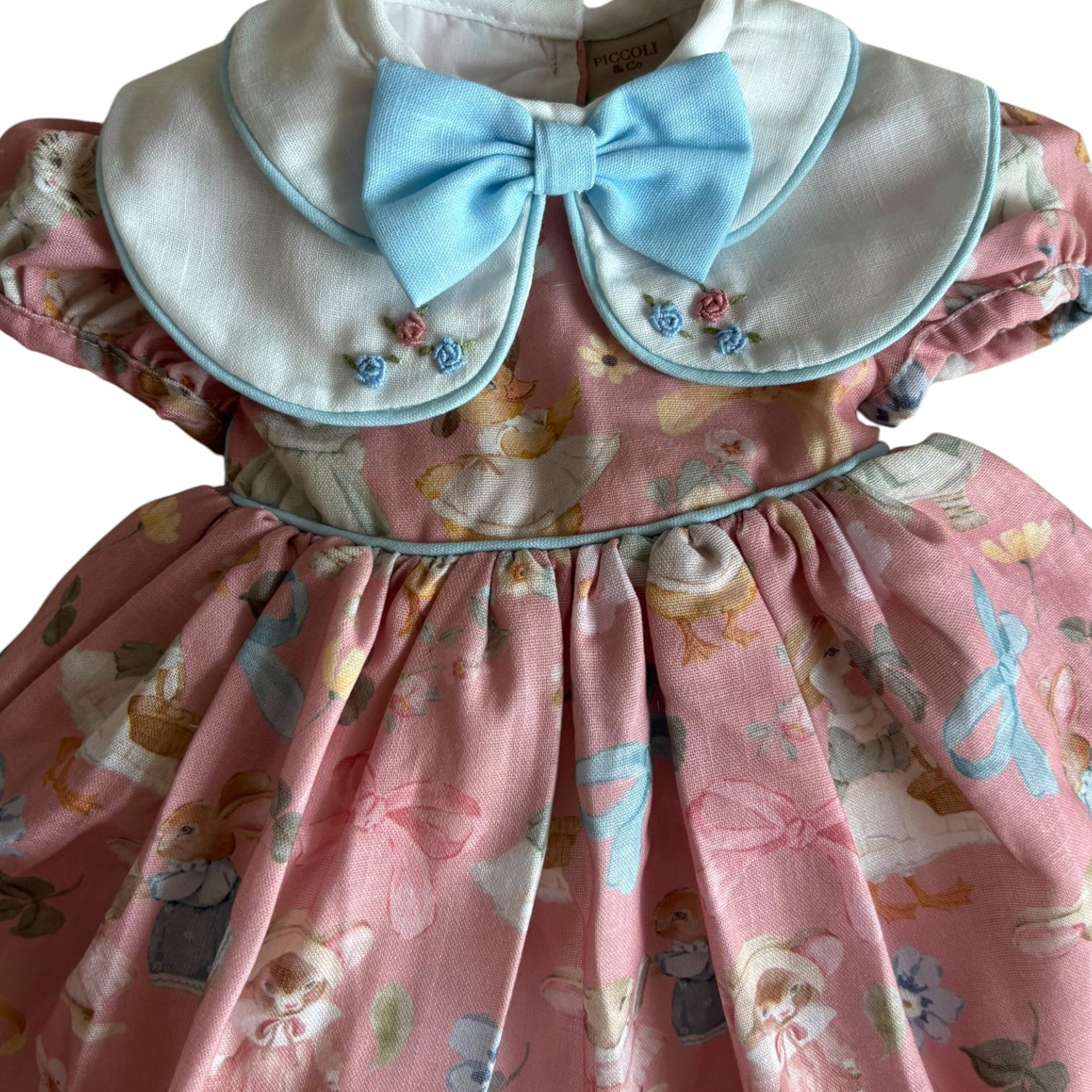 Close-up of double blue collar and embroidered floral detailing on Karla Garden Dress