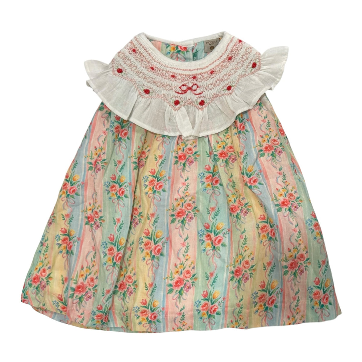 Eloisa Bow Handsmocked Dress in colorful floral-and-bow print with ruffled ivory collar