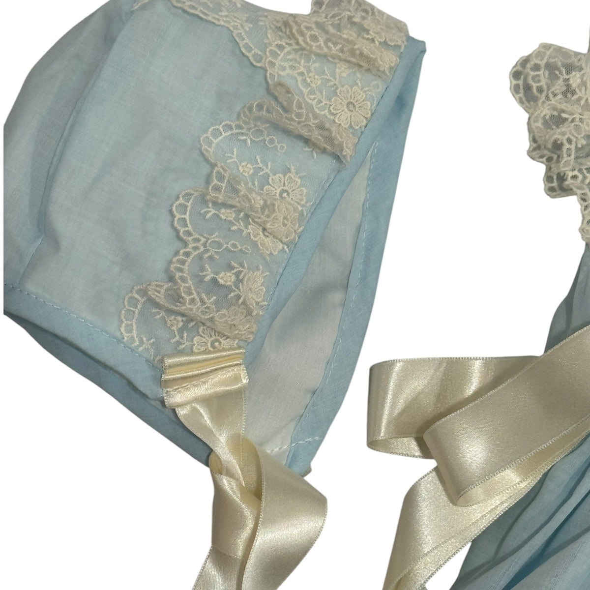 Close-up of coordinating bonnet and lace detailing from Helena Heirloom Baby Set