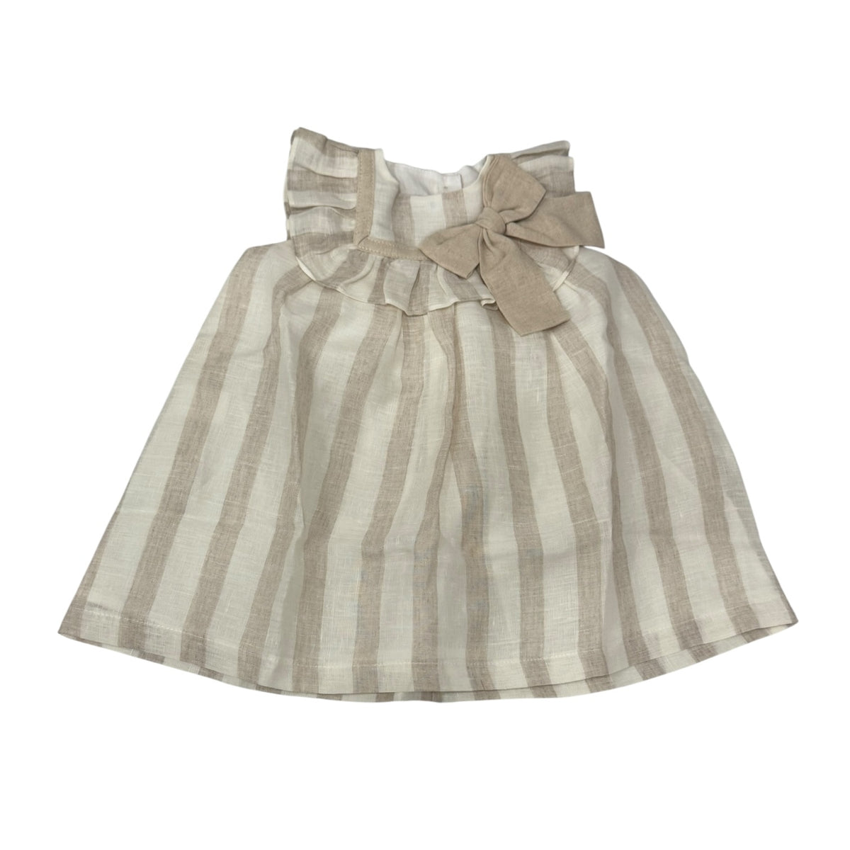 Georgina Beige Sailor Girl Dress in beige and ivory stripes with statement bow
