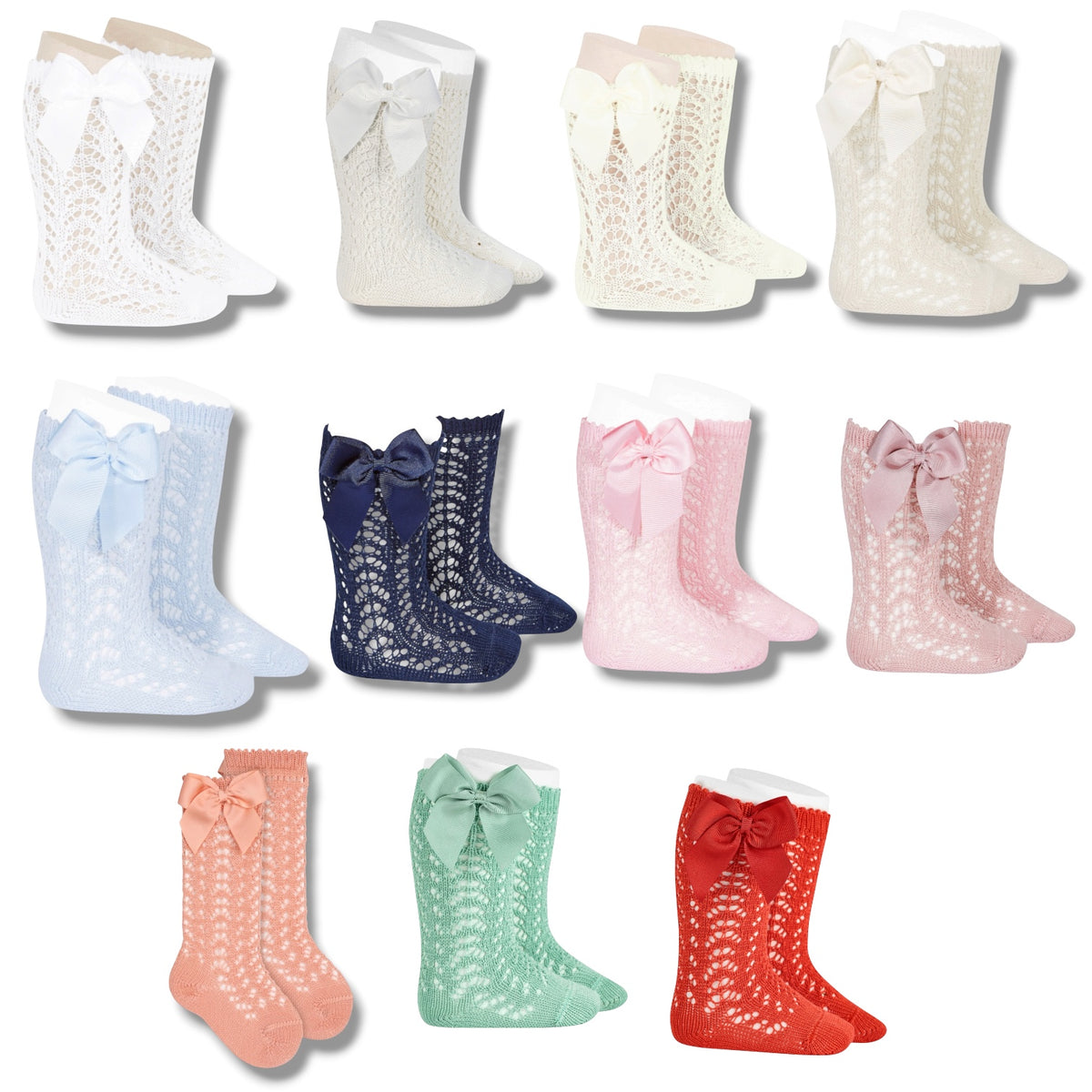 Crochet Knee-High Socks in assorted colors with delicate openwork detailing