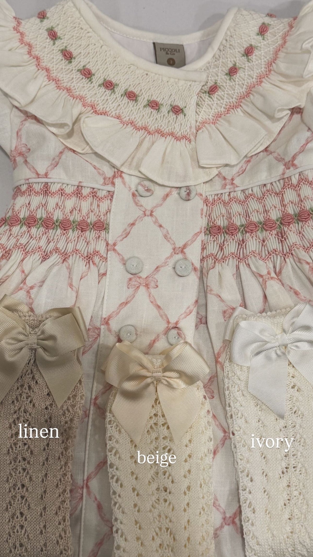 Close-up of open crochet detailing on knee-high socks