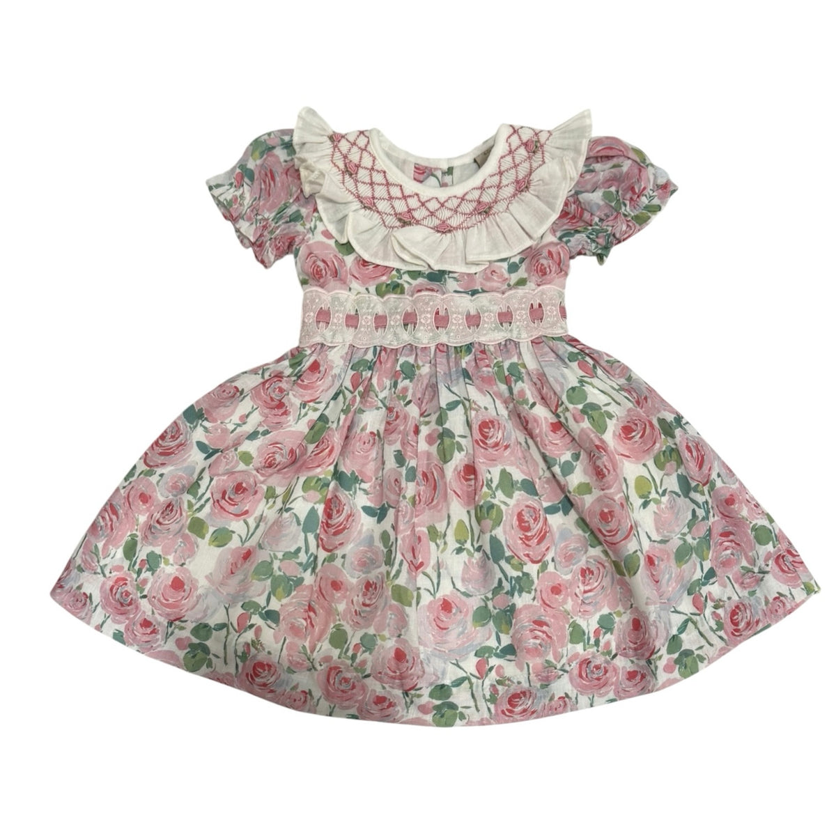 Belen Roses Handsmocked Collar Girl Dress in rose pink floral print
