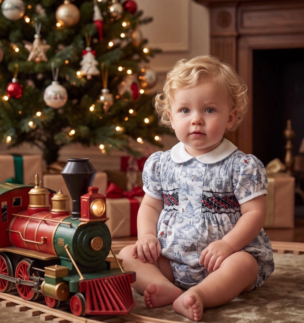 Boy wearing The Polar Express Boy Christmas Handsmocked Romper beside a Christmas tree