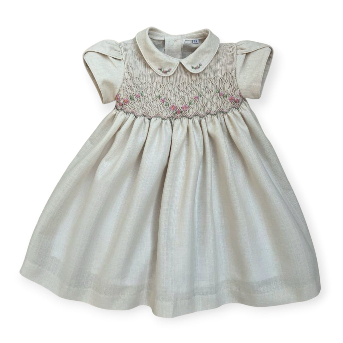 Caterina Beige Handsmocked Girl Dress with contrasting collar and smocked bodice