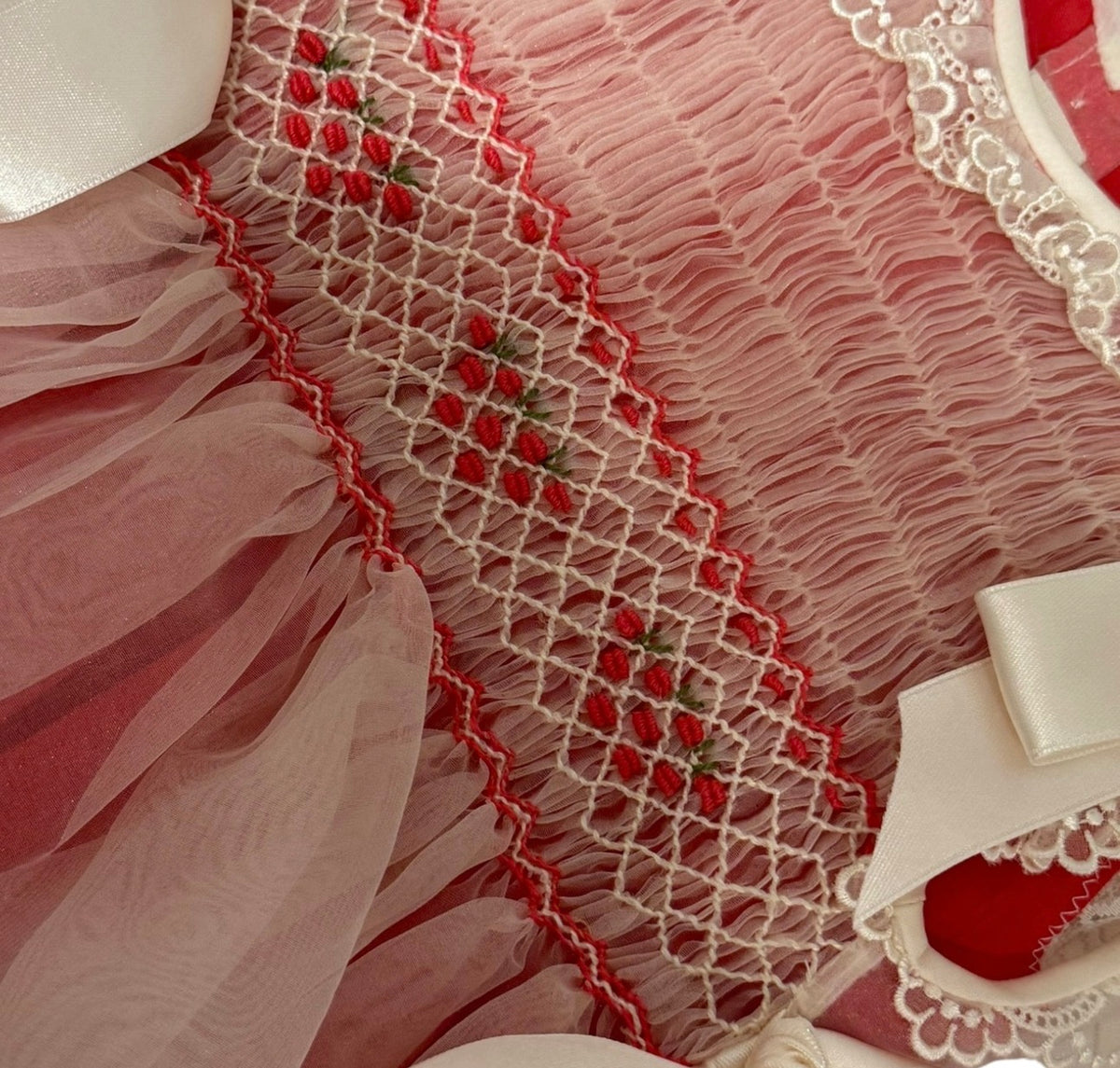 Close-up of cranberry handsmocking and ivory lace detailing on Morgan Dress