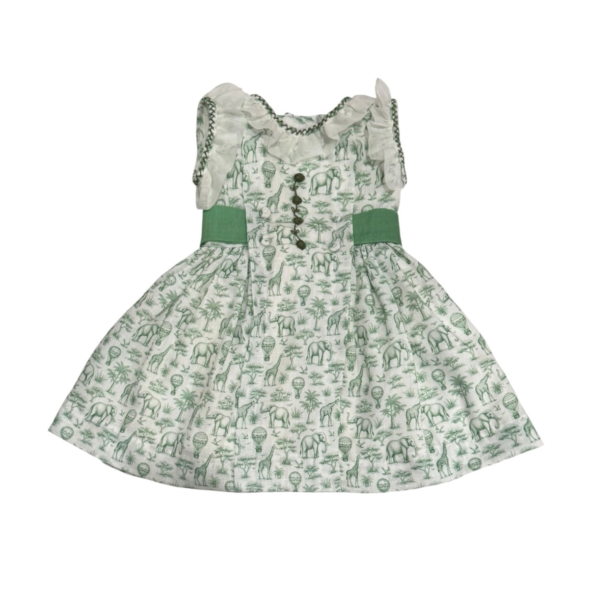 Safari Green Toile Embroidered Dress in soft green safari print with ruffled neckline and contrasting waist accents