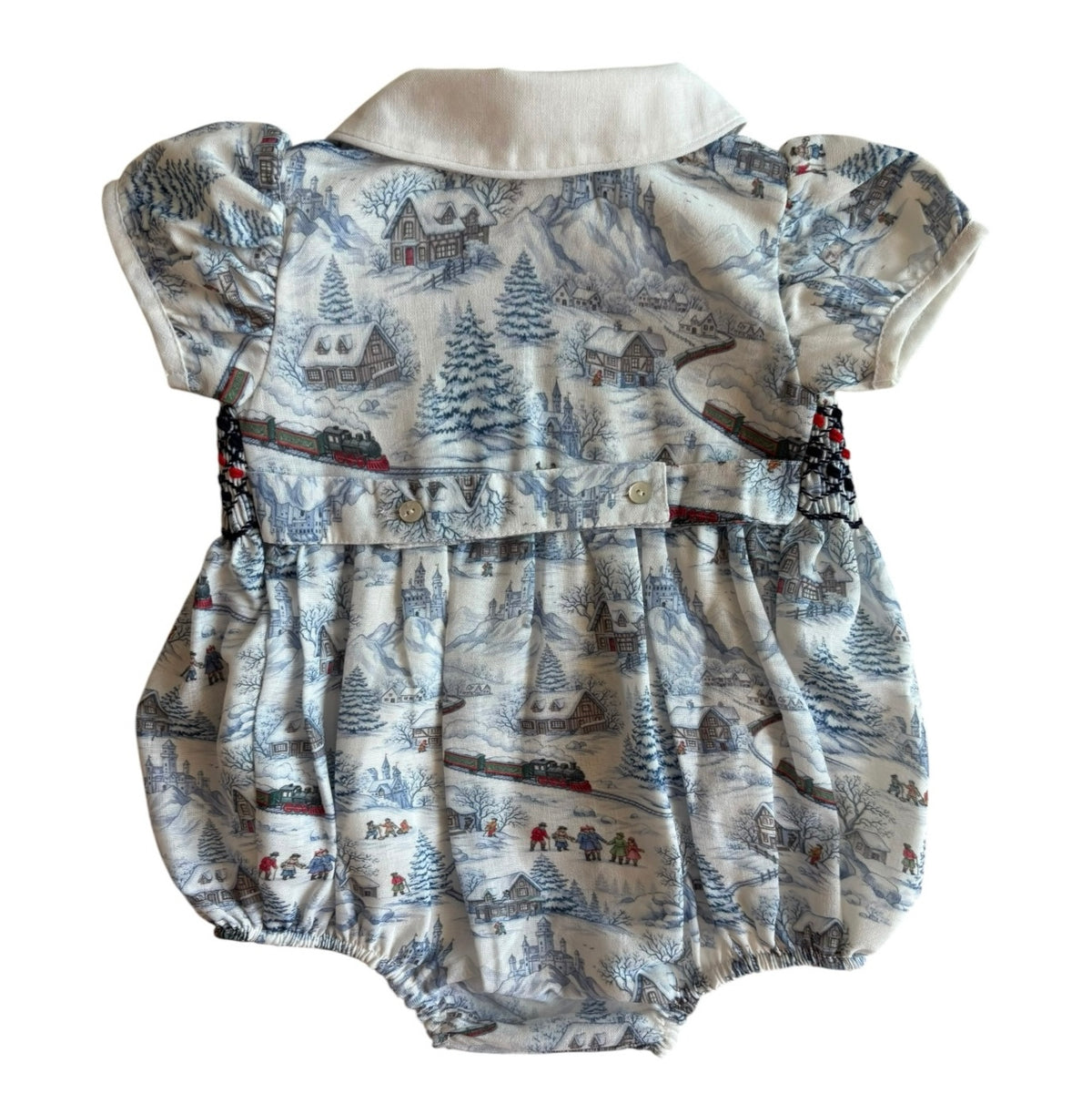 Back view of The Polar Express Boy Christmas Handsmocked Romper
