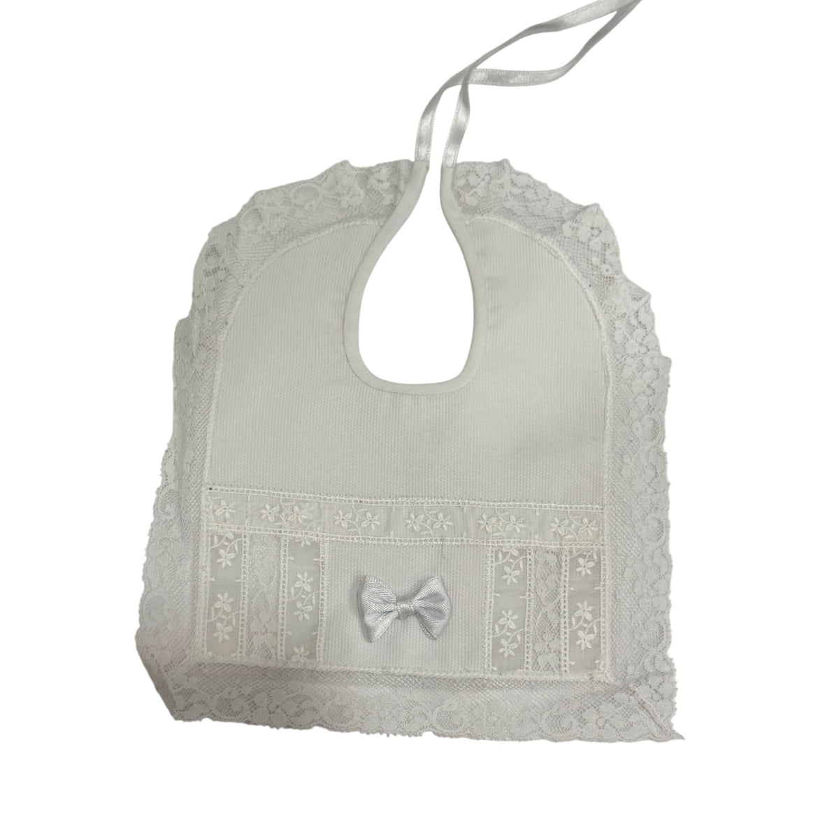 Marilyn White Lace Luxe Bib with white lace trim and delicate embroidered bow detail