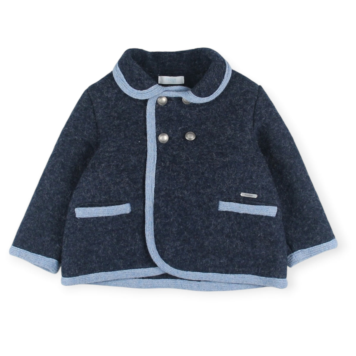 Louis Boy Navy Coat with contrasting light trim and front pockets