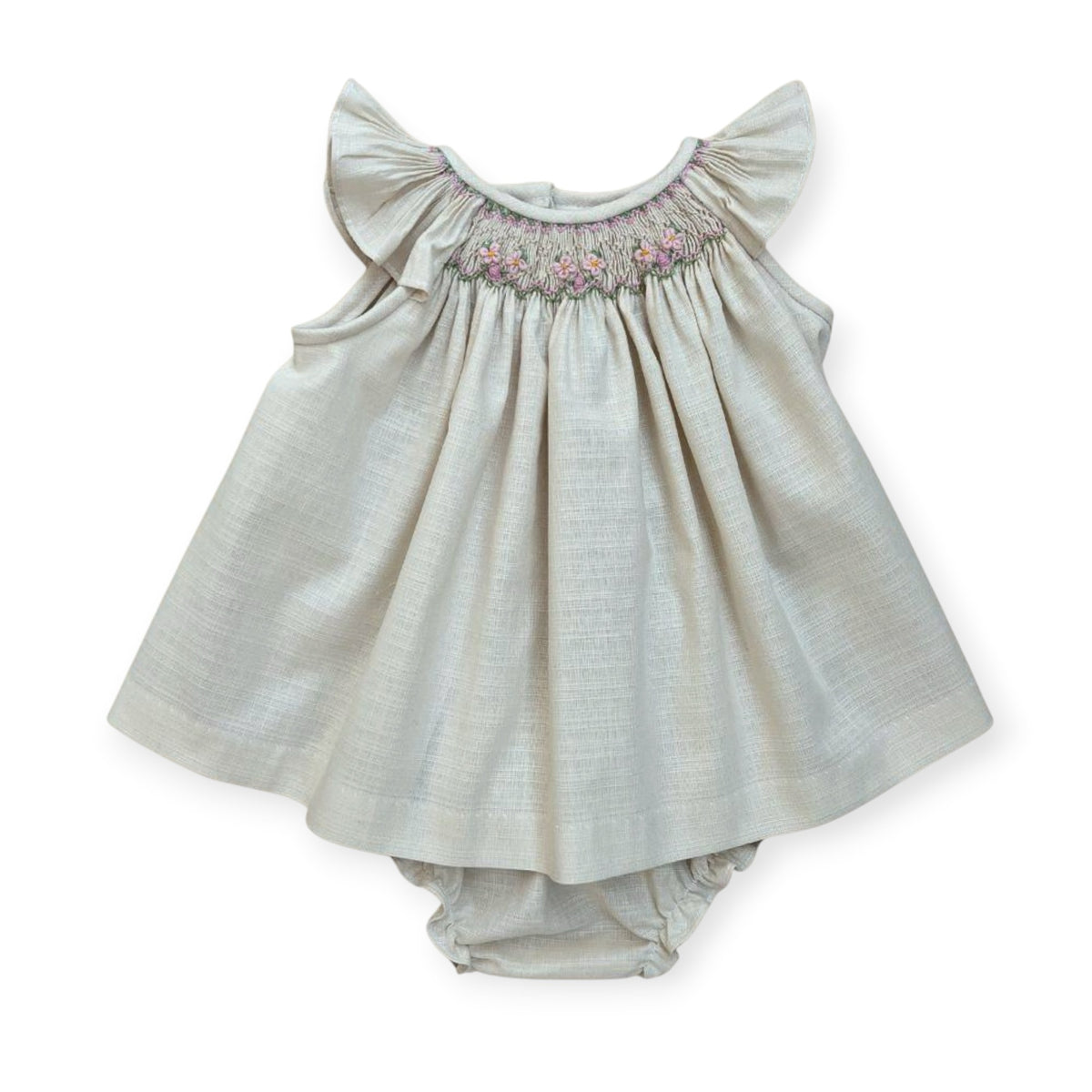 Caterina Beige Handsmocked Girl 2-Piece Set with pink bow accents and coordinating bloomers
