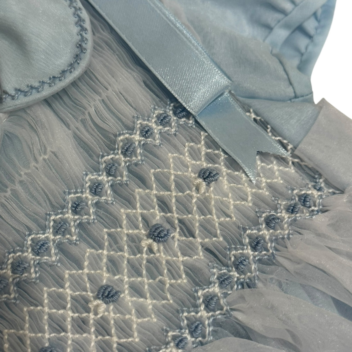 Close-up of delicate blue smocking and fabric texture on Humbert Romper