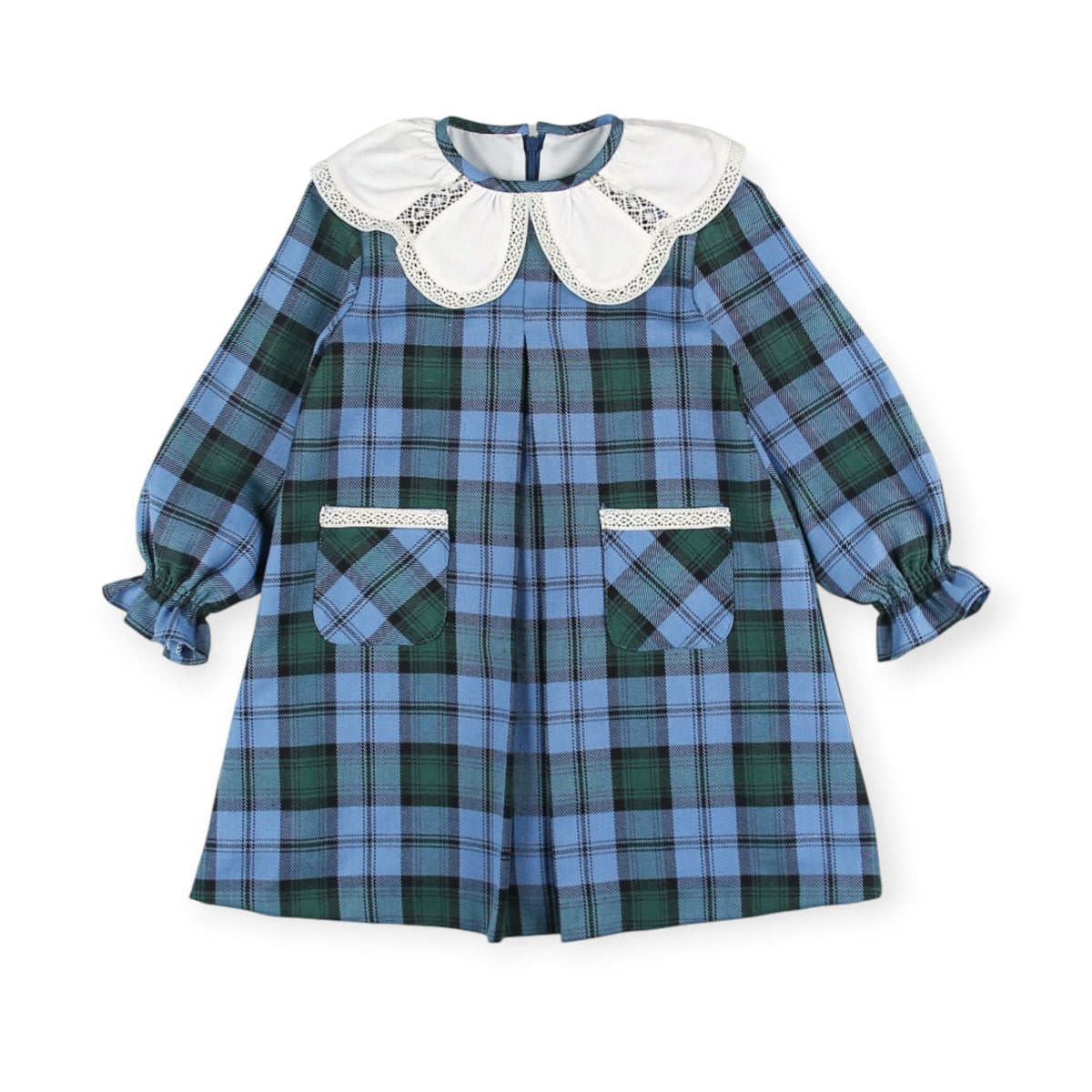 Granada Checkered Girl Blue and Green Dress with white collar and long sleeves