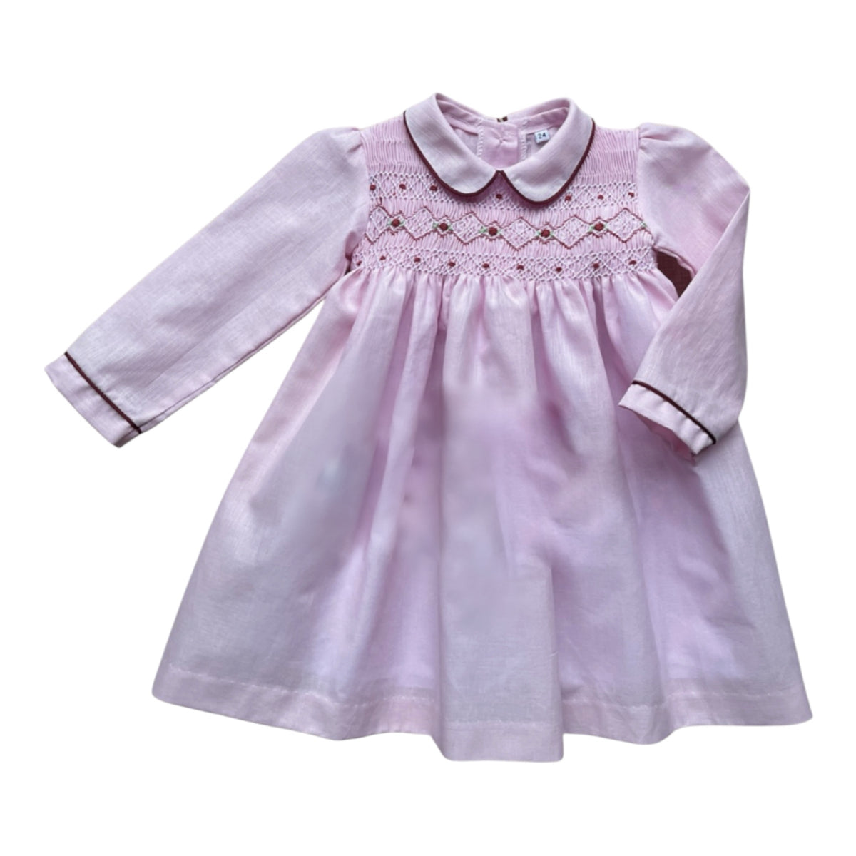 Valentina Pink Long Sleeve Handsmocked Girl Dress with ruffled collar and smocked bodice