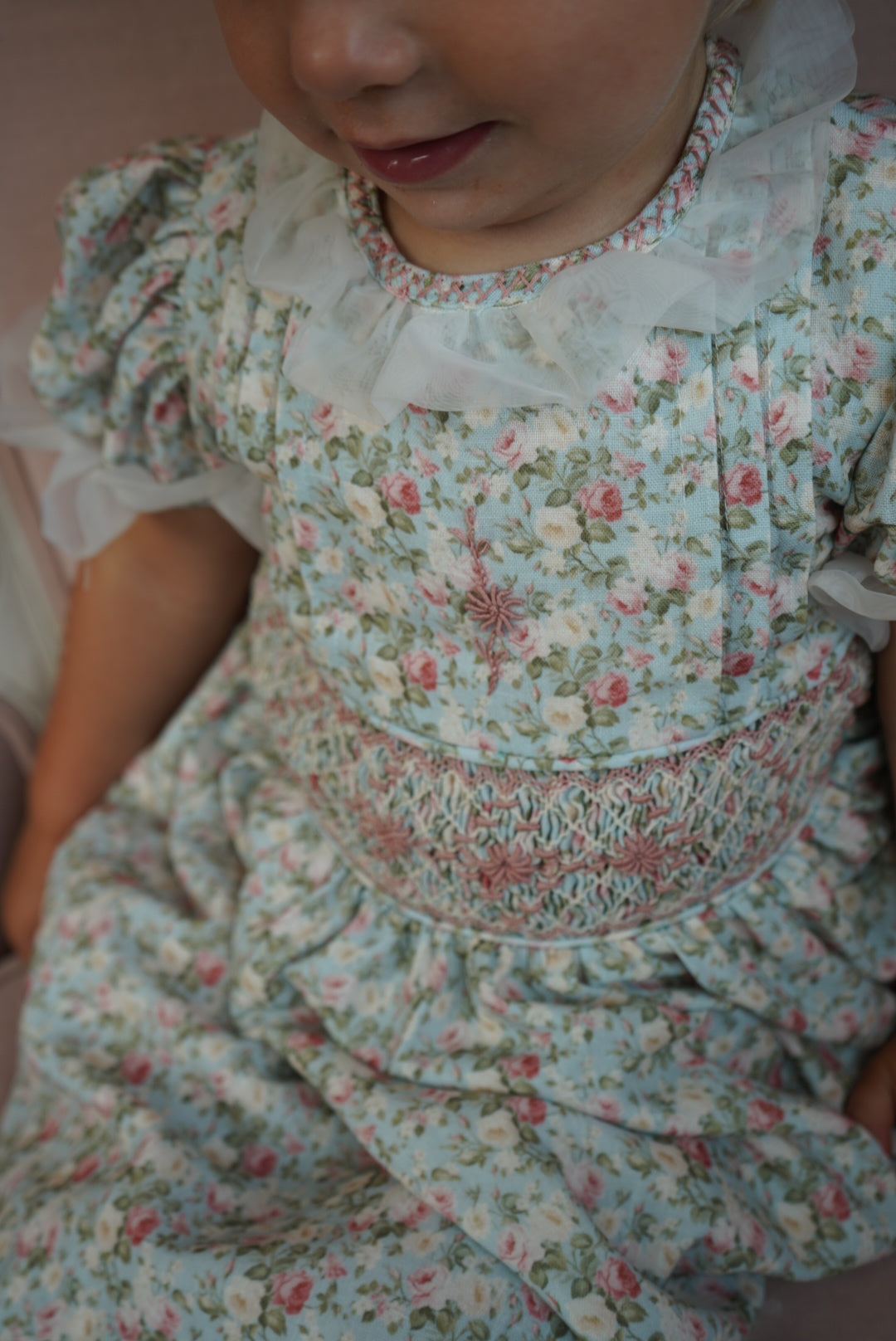 Girl wearing Nancy Vintage Shabby Chic Roses Dress in soft floral print