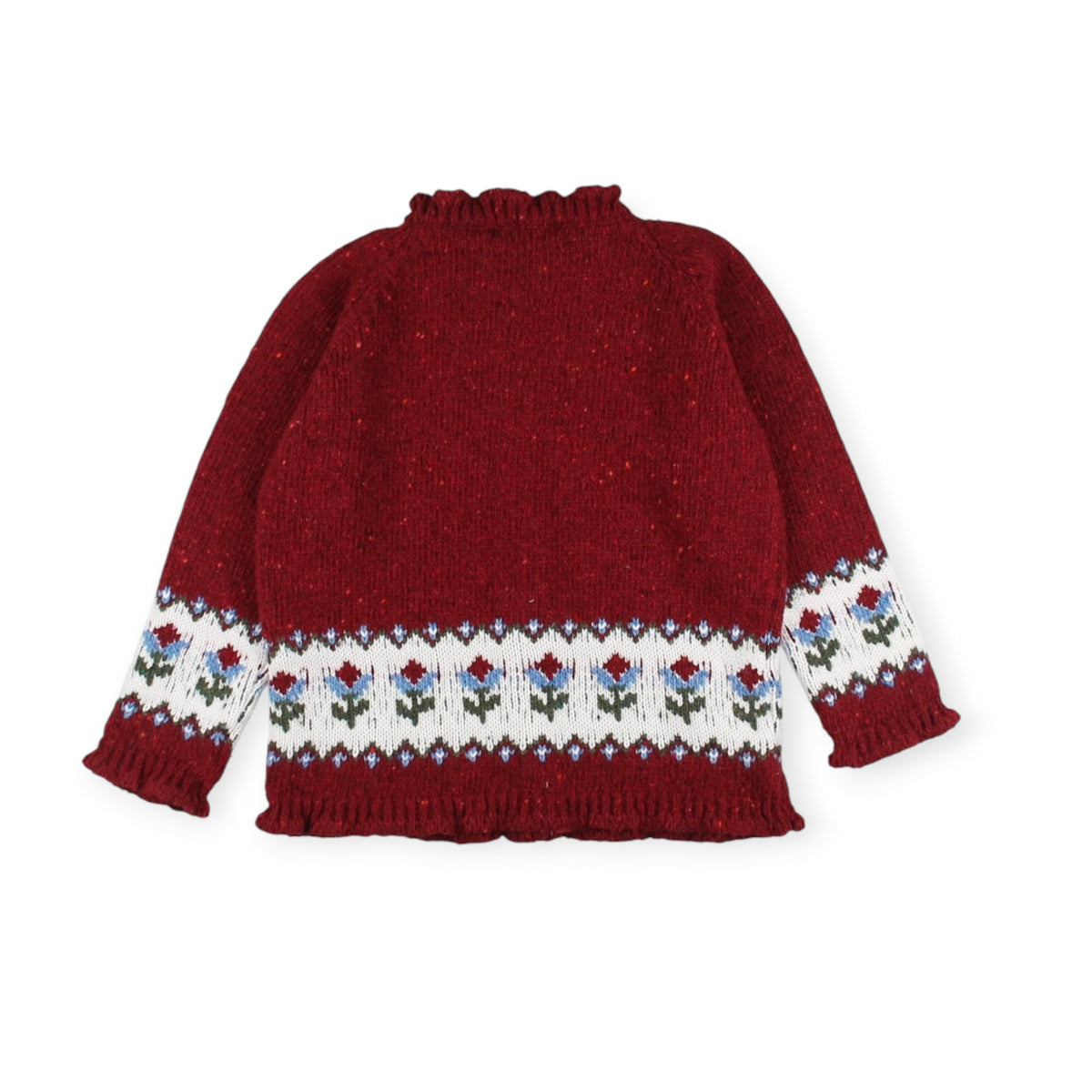 Back view of burgundy Floral Girl Knitted Cardigan