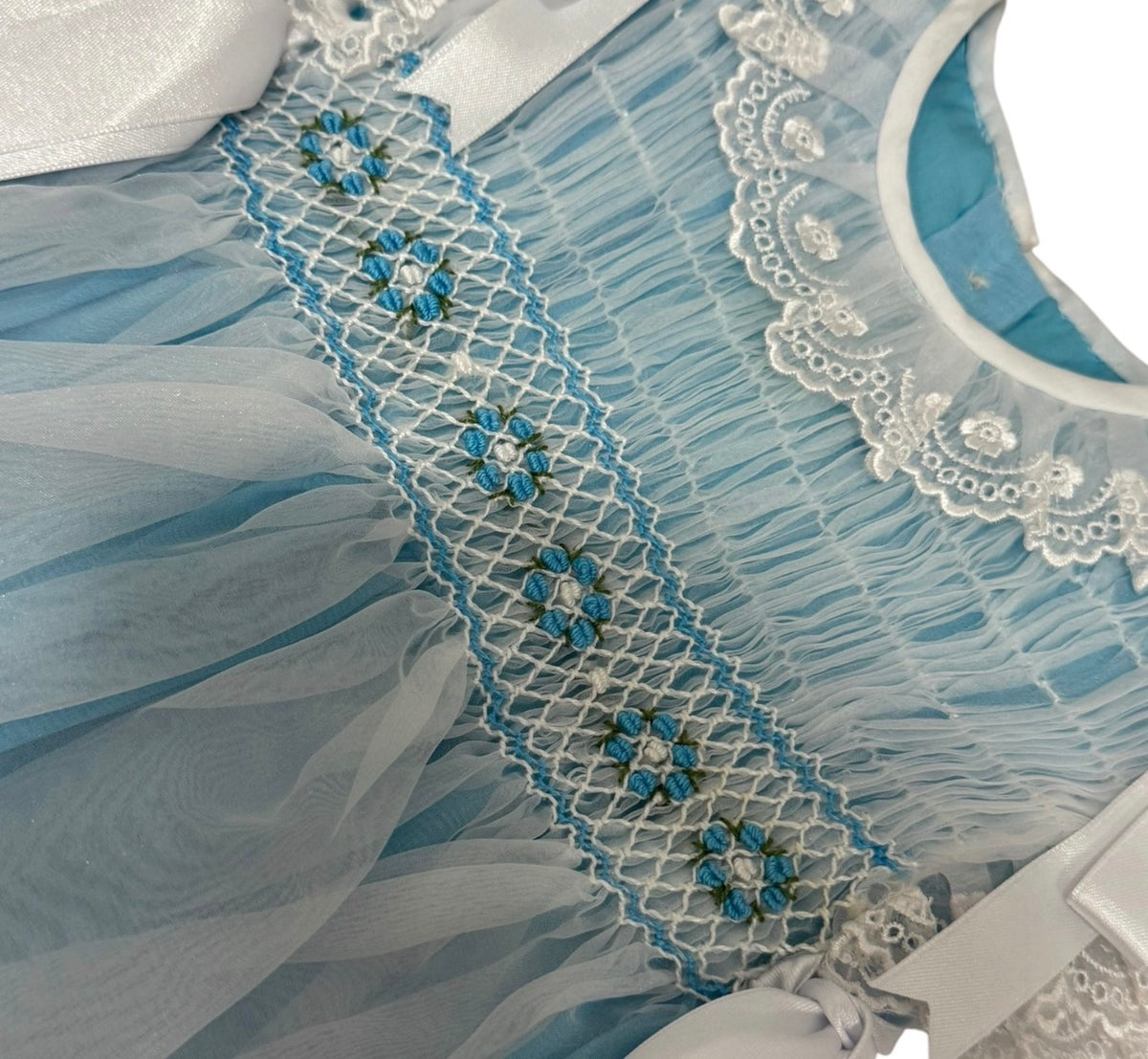 Close-up of turquoise handsmocking and ivory lace detailing on Alexis Dress