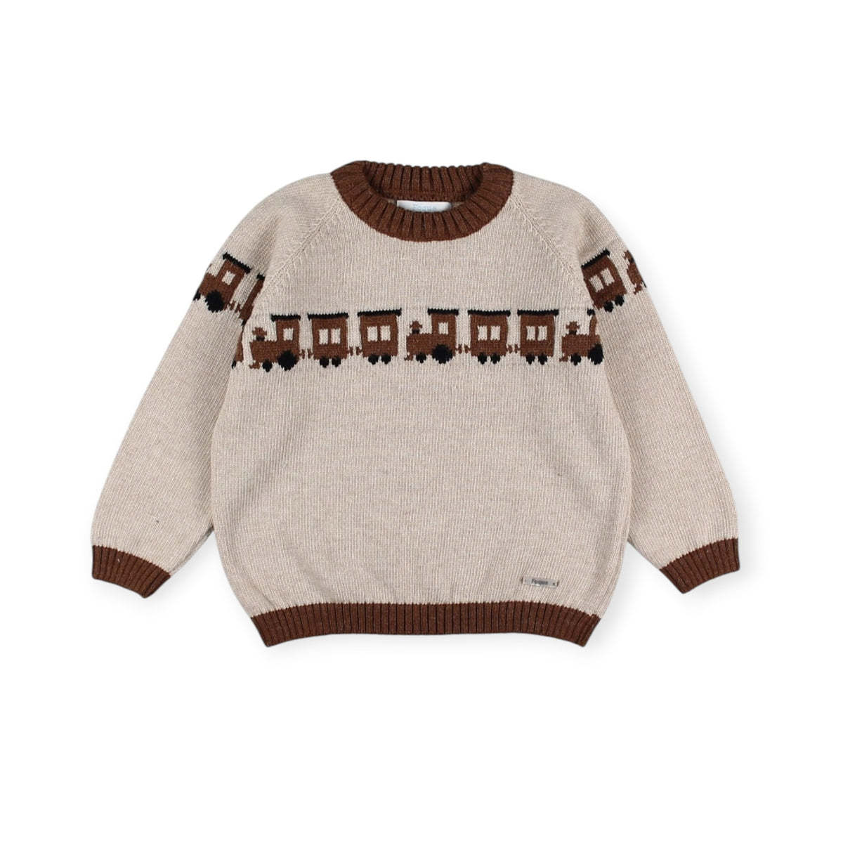 Verbier Train Knitted Sweater with train motif and brown contrast trim