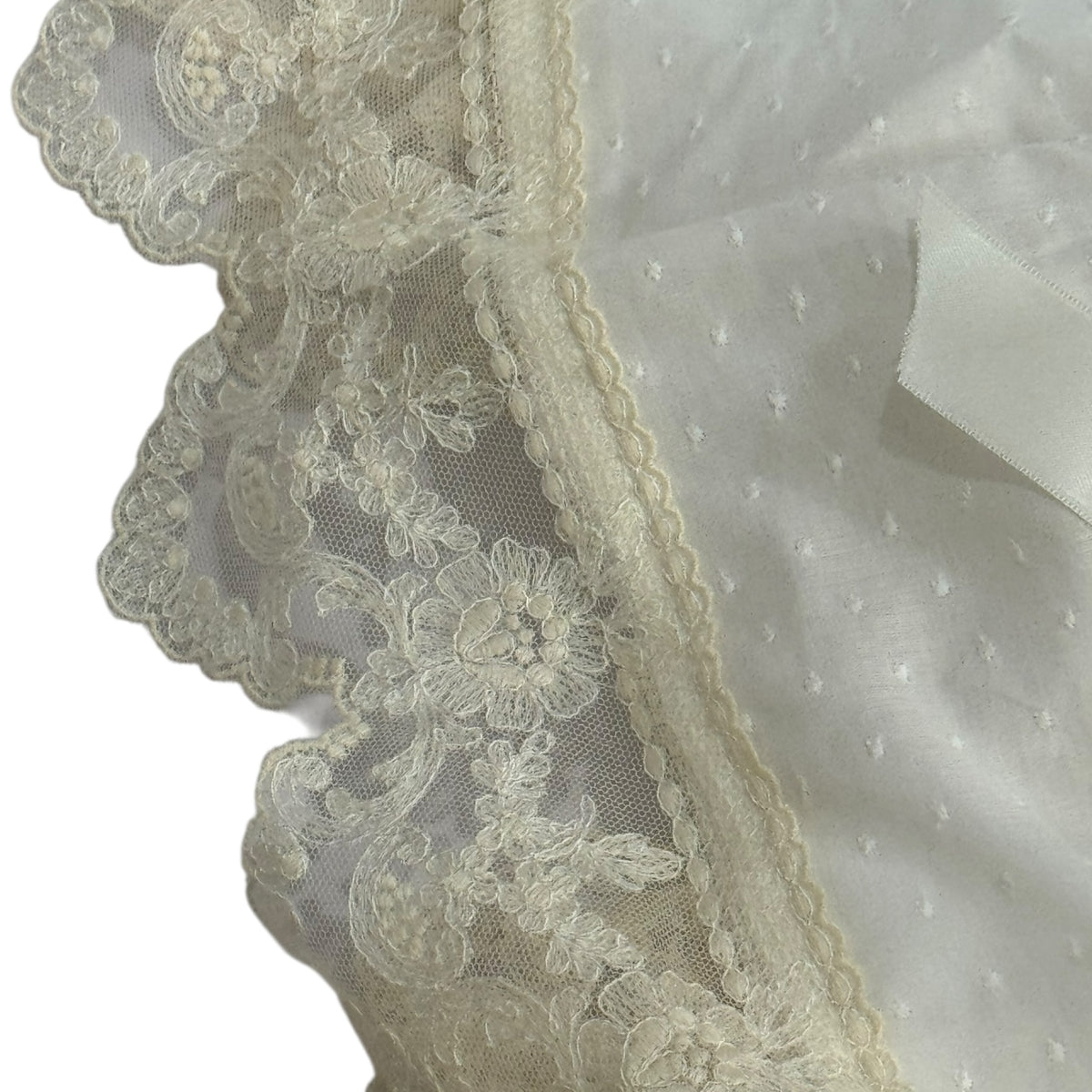 Detail view of lace trim on Andrea Short-Sleeves Ivory Gown