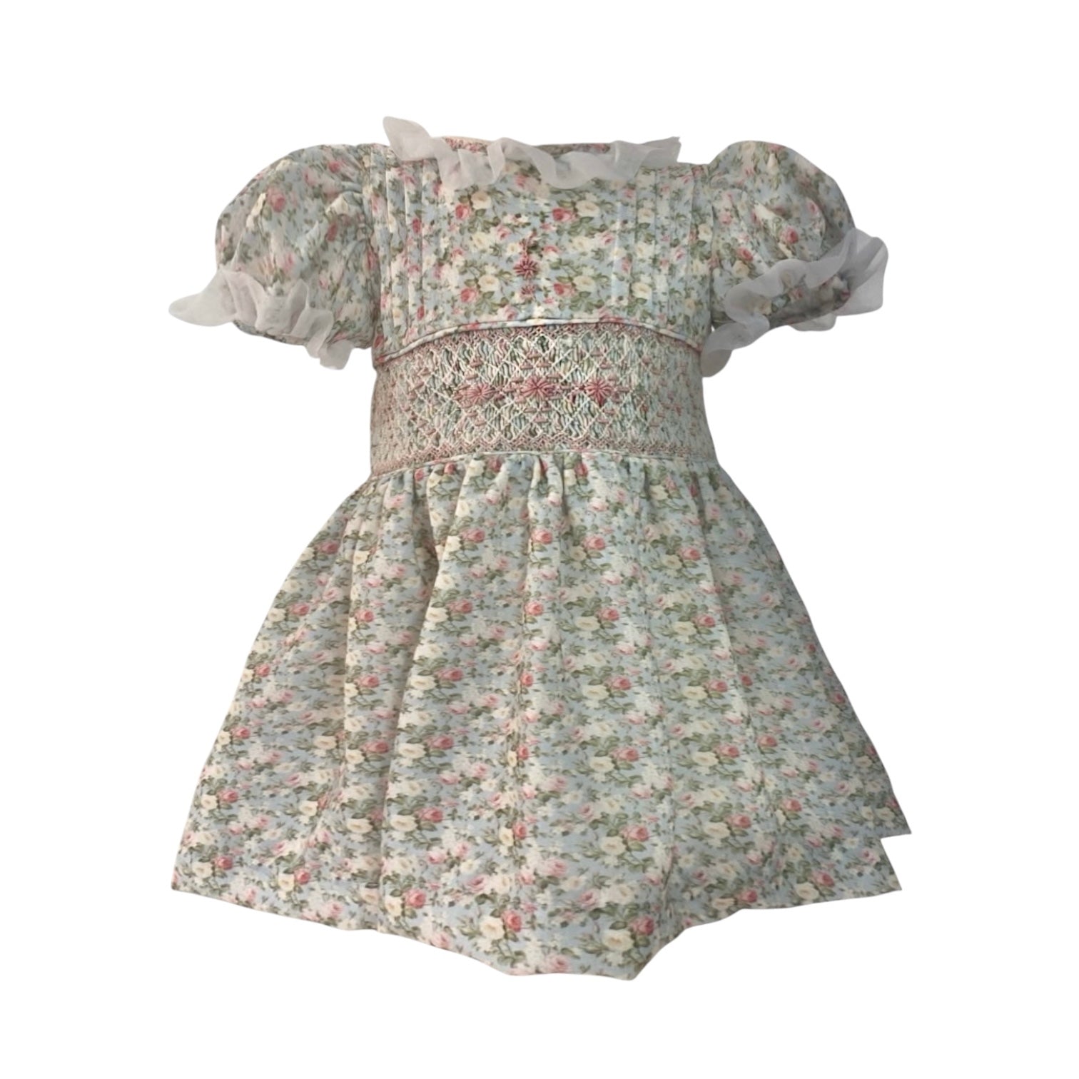 Nancy Vintage Shabby Chic Roses Handsmocked Dress in soft rose floral print