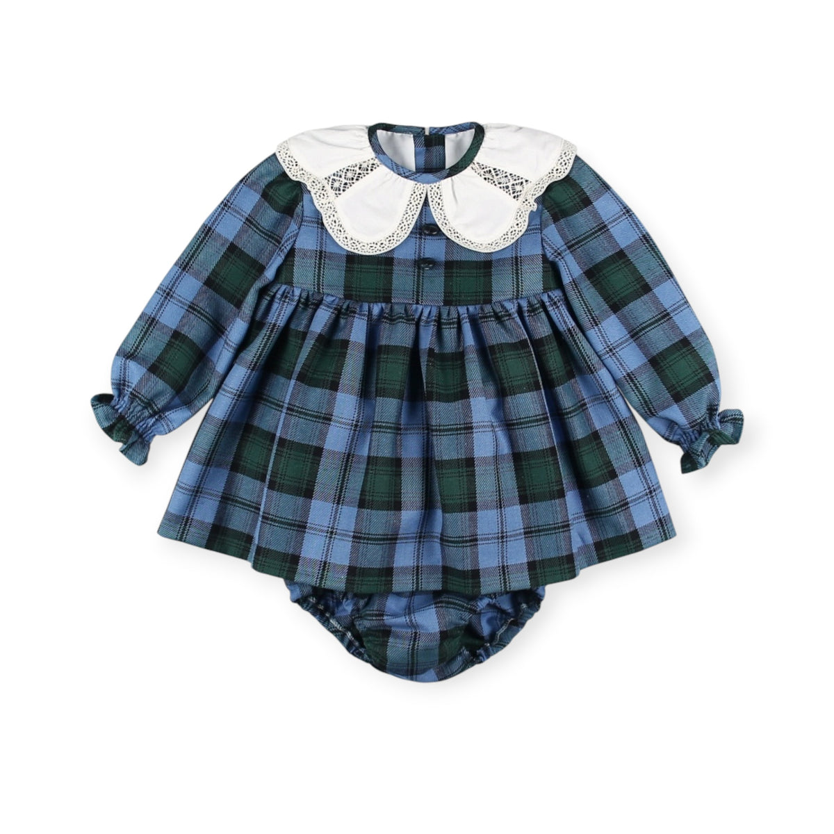 Granada Checkered Girl Blue and Green 2-Piece Set with white collar and matching bloomers
