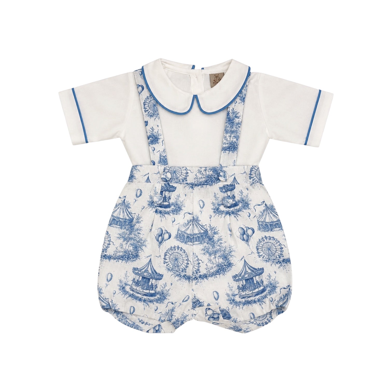 Ollie Blue Circus 2-Piece Romper Set with white shirt and blue circus toile bloomers