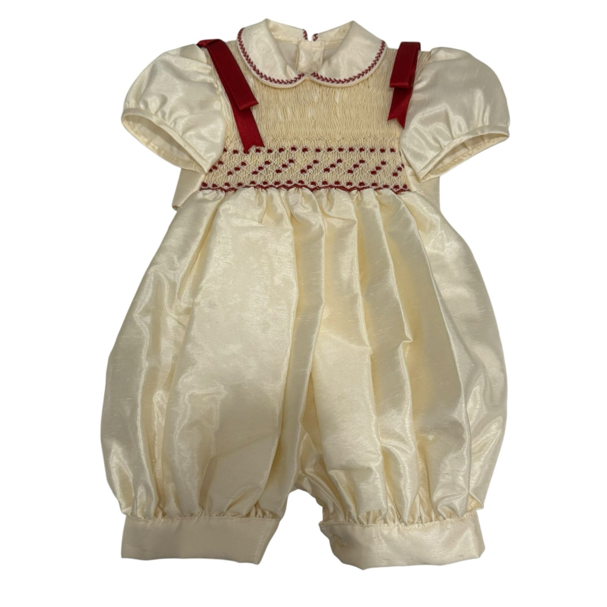 Shantung Guinda Ivory and Red Handsmocked Romper with burgundy velvet ribbon detailing