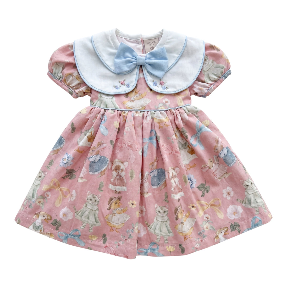 Karla Whimsy Animals Garden Dress in whimsical animal print with double blue collar and statement bow