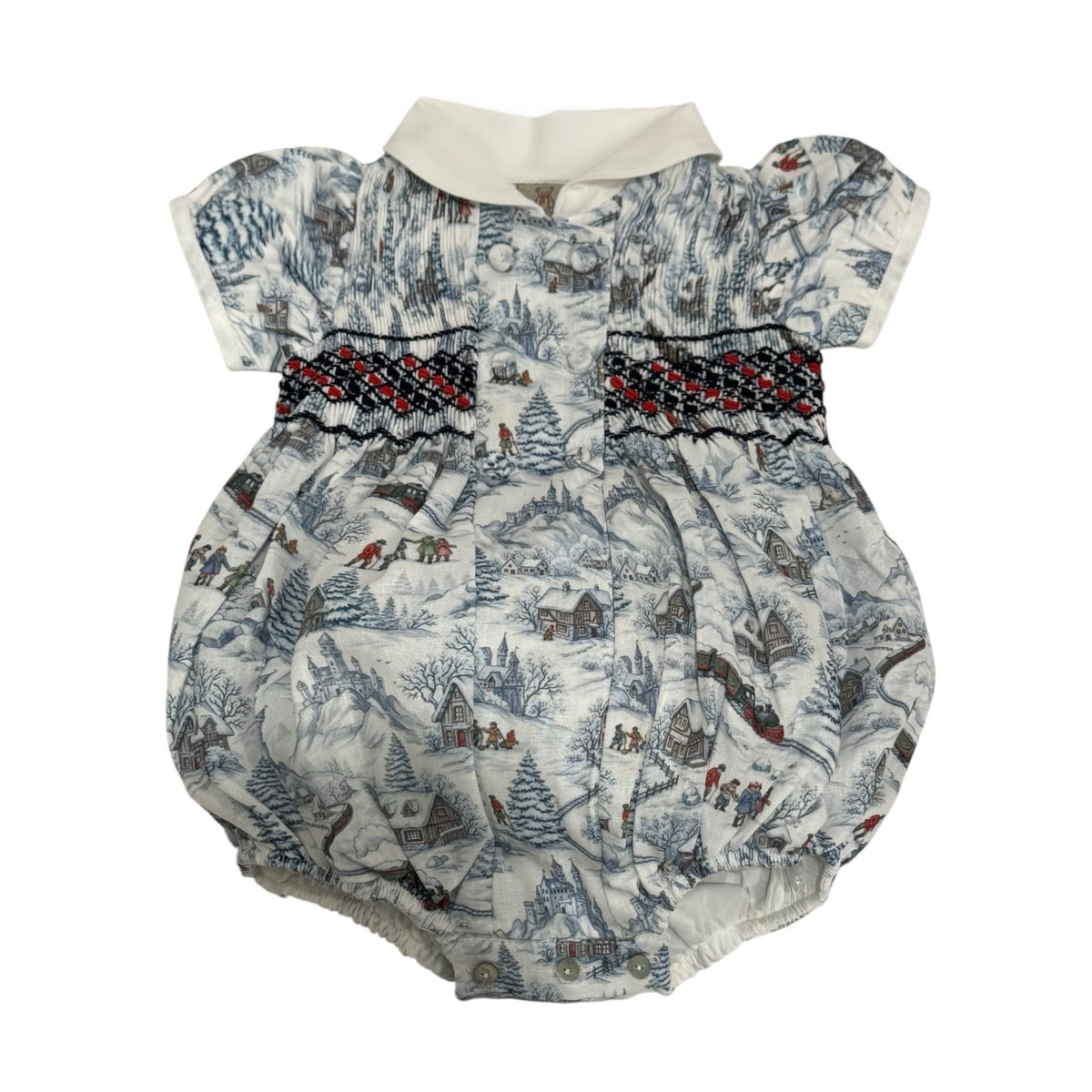 The Polar Express Boy Christmas Handsmocked Romper in snowy blue train toile print