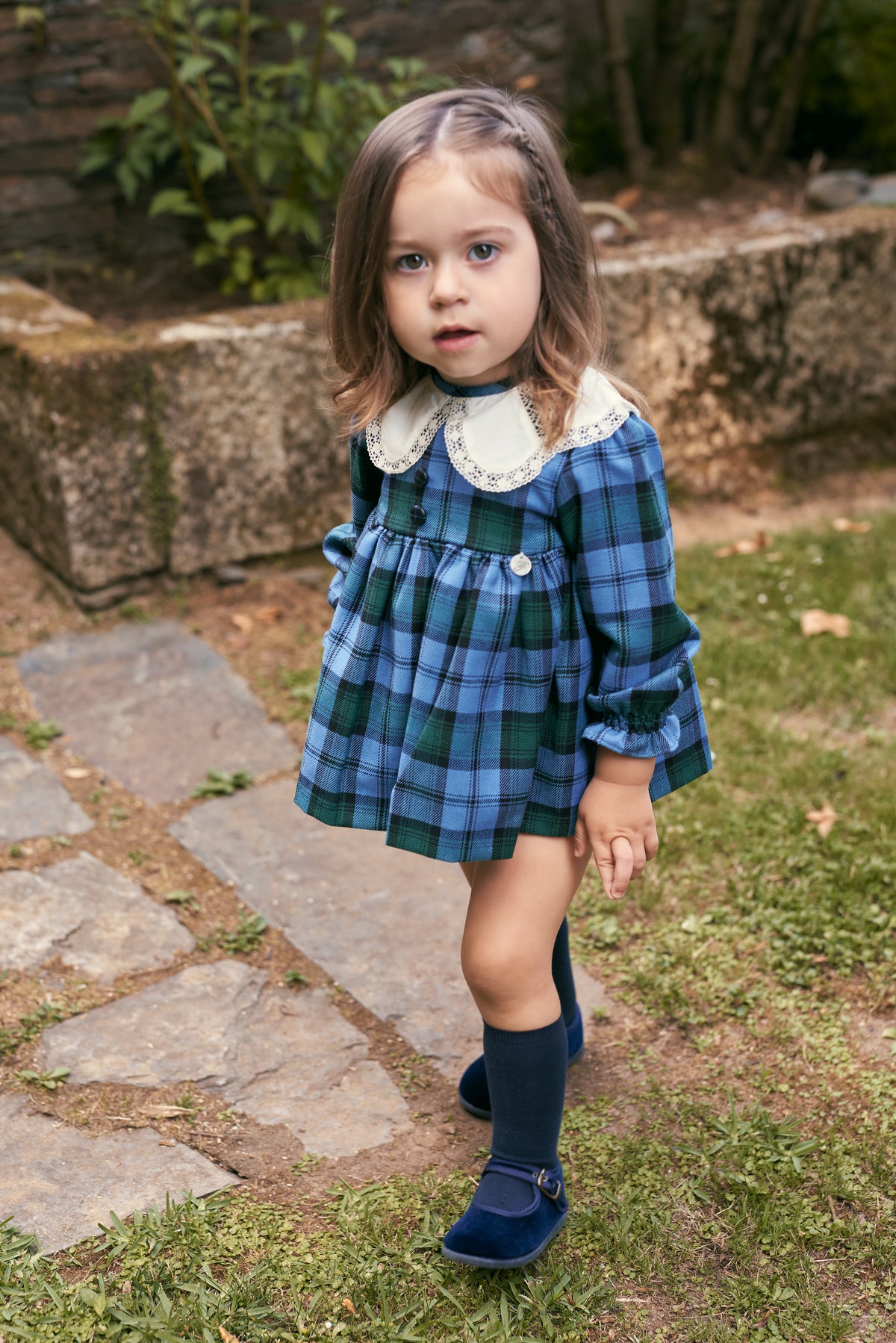 Girl wearing Granada Blue and Green Checkered 2-Piece Set