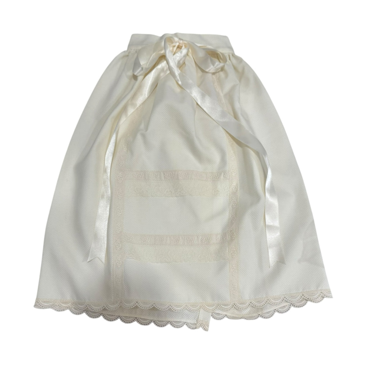 Gladys Pique White or Ivory Faldon Skirt with beige lace detailing and satin ribbon ties