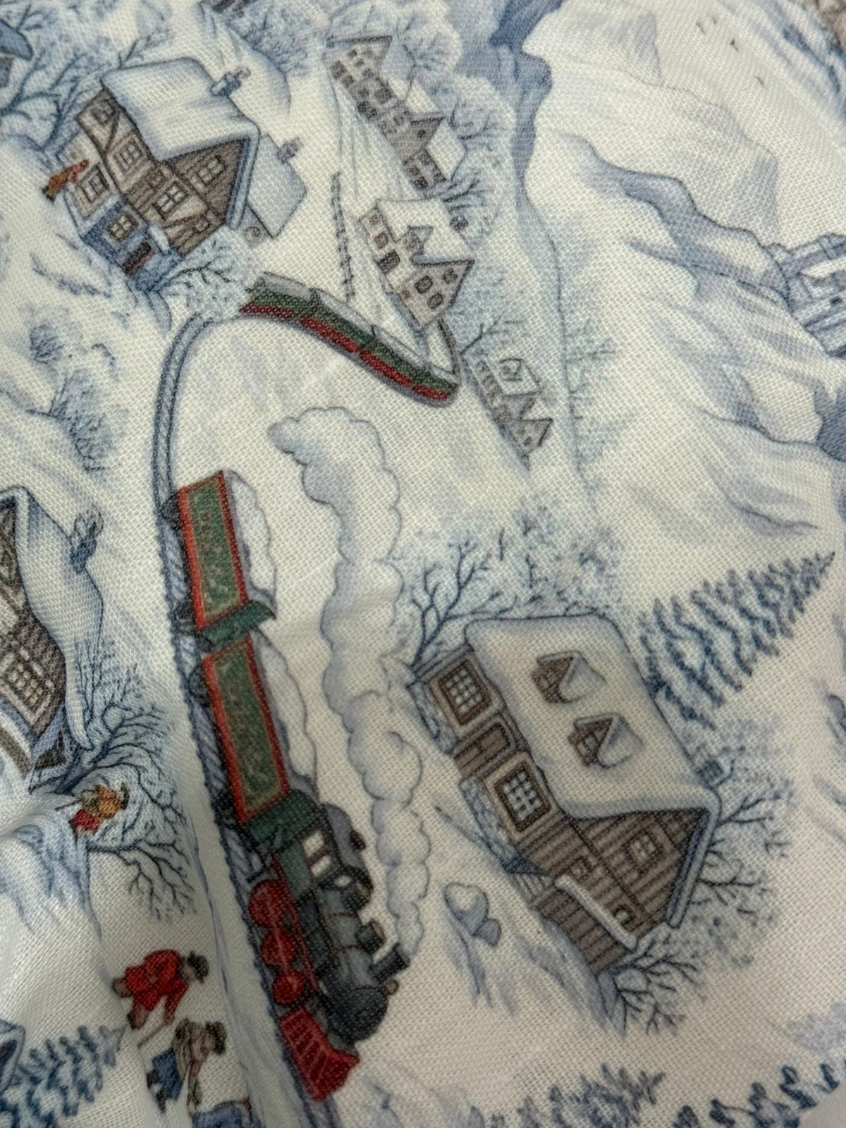 Close-up of winter train illustration on The Polar Express romper