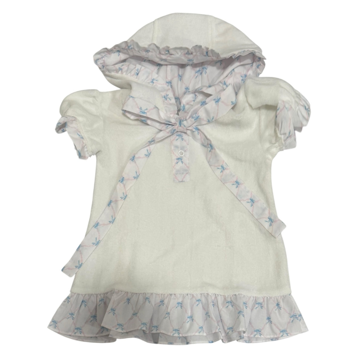 Helena Bows Terry Cover-Up in white with light blue bow detailing and ruffled trim