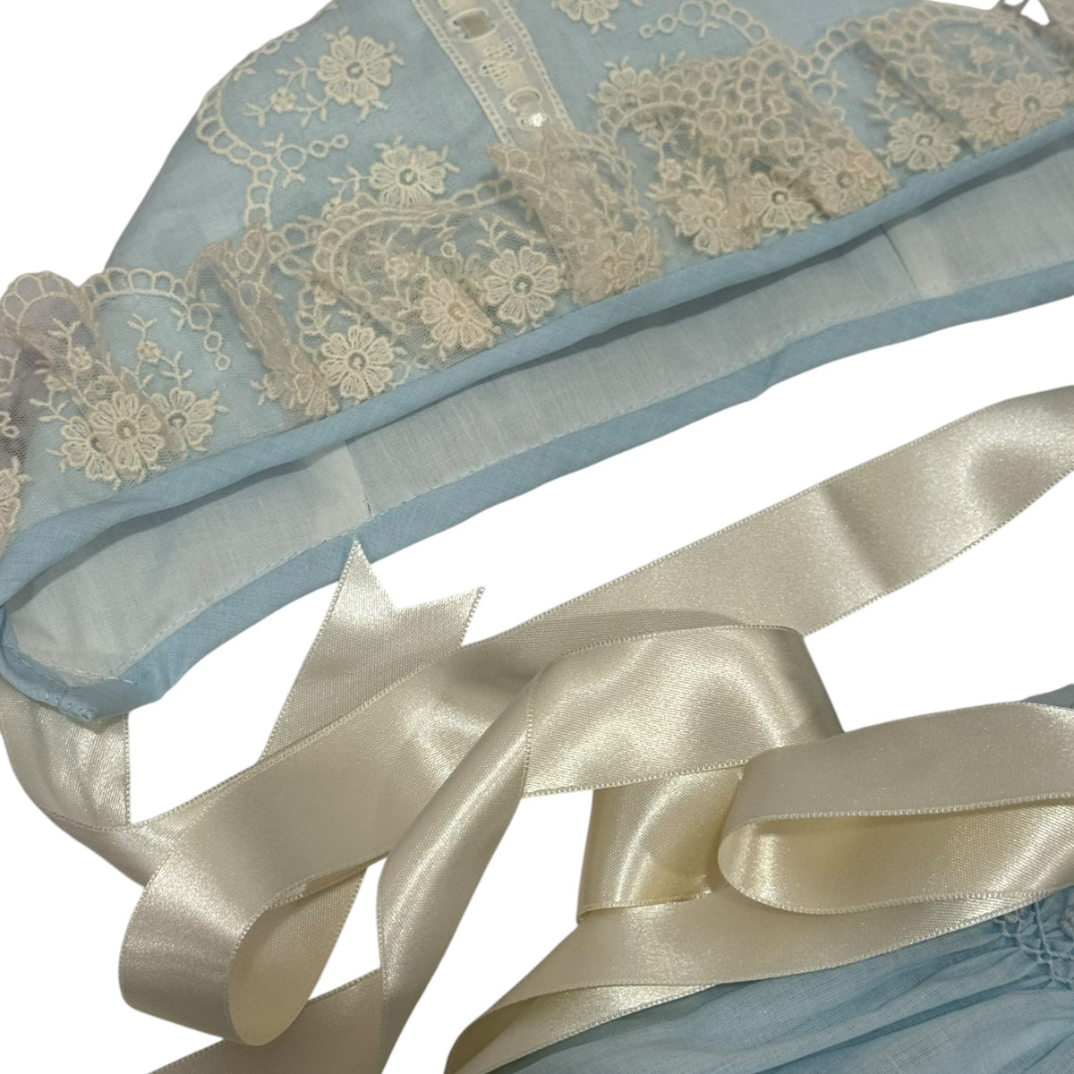 Close-up of ivory ribbon and lace detailing on Helena Light Blue Romper Set