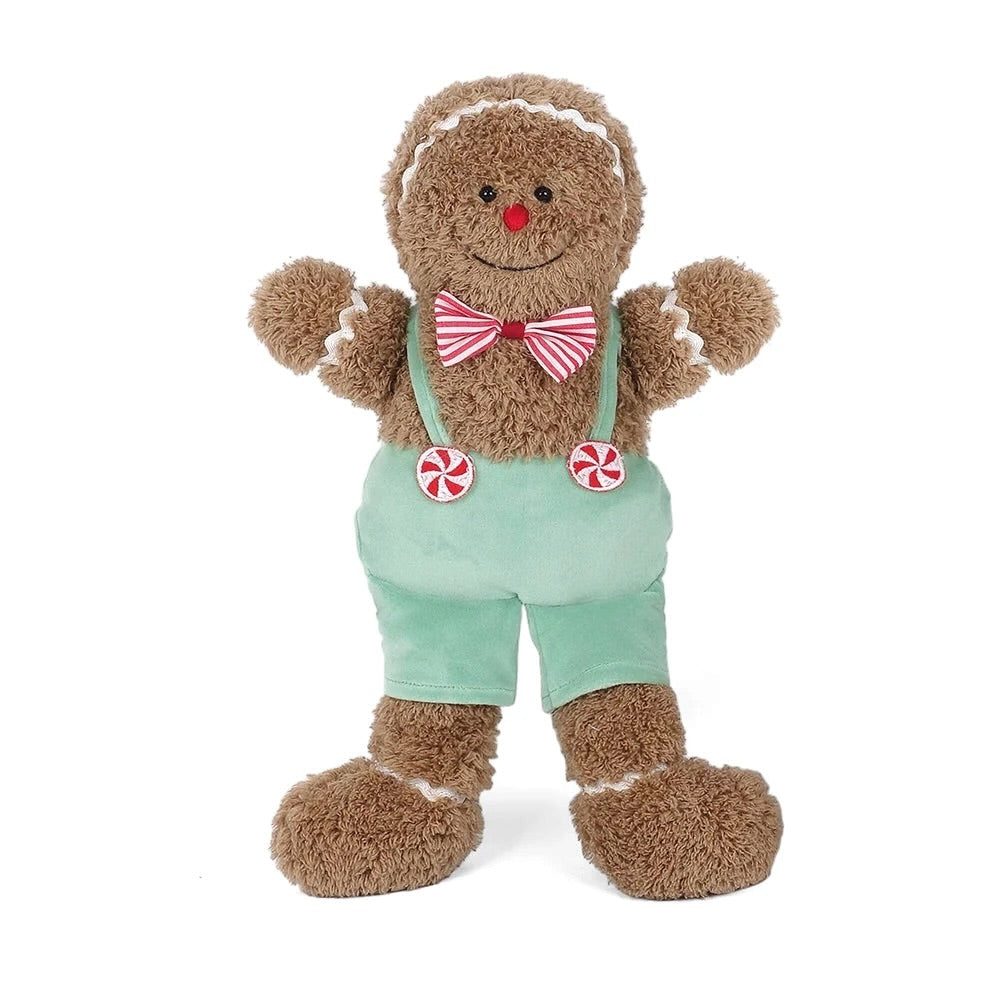 Gingerbread Mr Cookie plush toy with mint green shorts, suspenders and striped bow tie