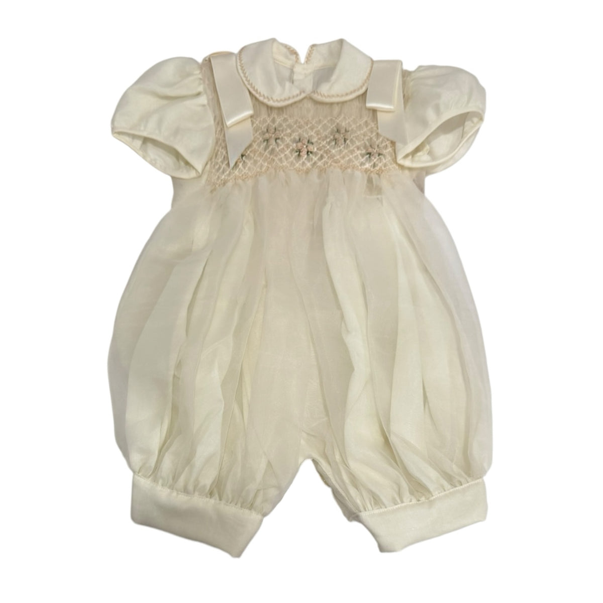 Ernest Ivory Boy Handsmocked Romper with rounded collar and delicate embroidered handsmocking