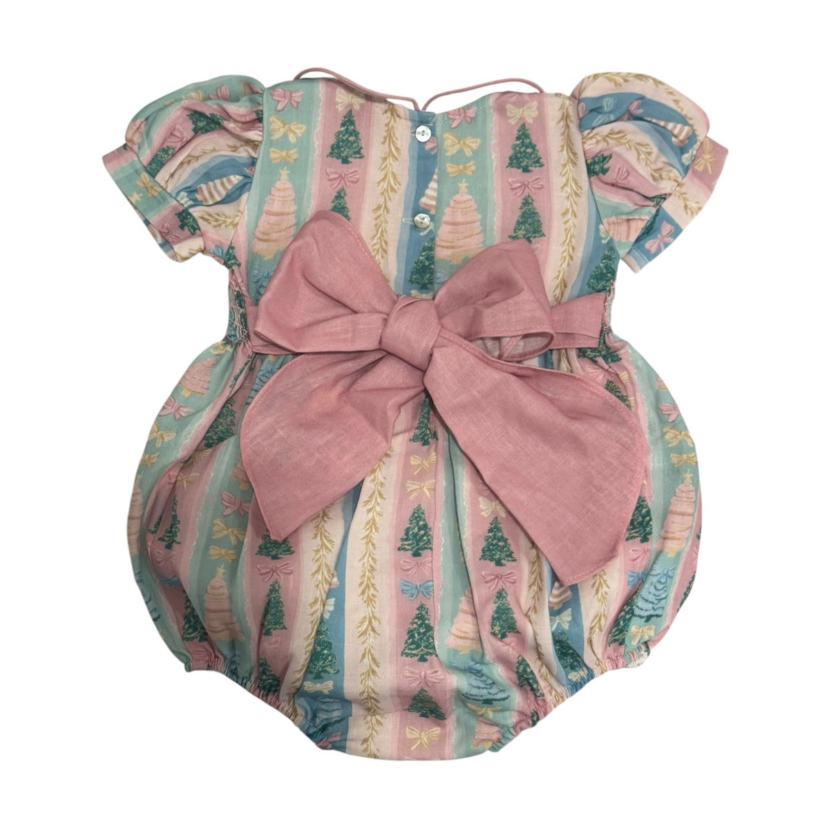 Back view of Christmas Tree Pastels Romper with dusty pink bow